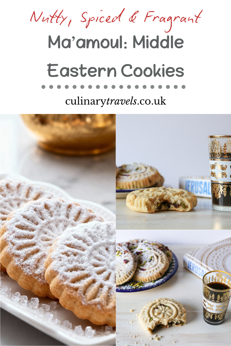 Pinterest graphic for ma’amoul cookies, traditional Middle Eastern Eid biscuits dusted with icing sugar and served with Arabic coffee.